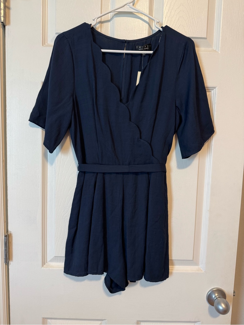 Navy Scallop Wrap Romper